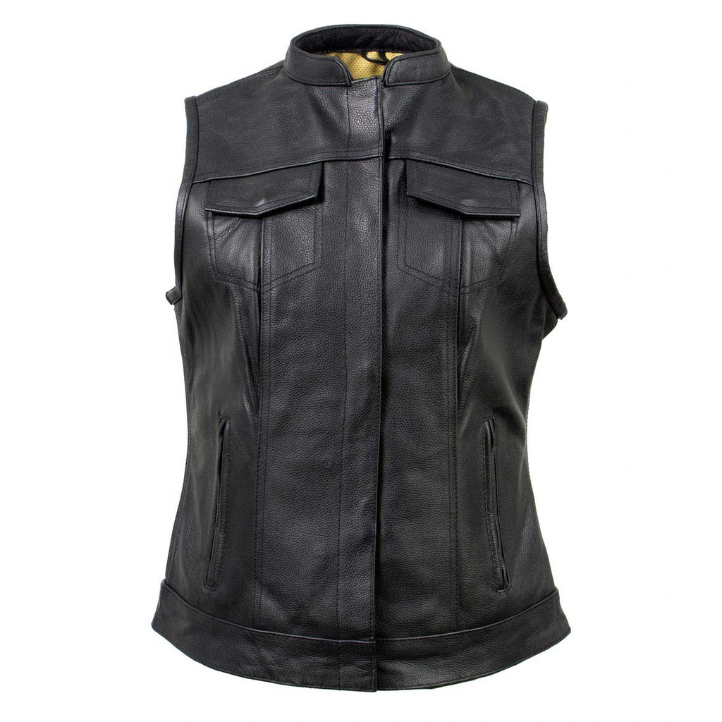 Women's Leather Convertible Hoodie Vest - Black