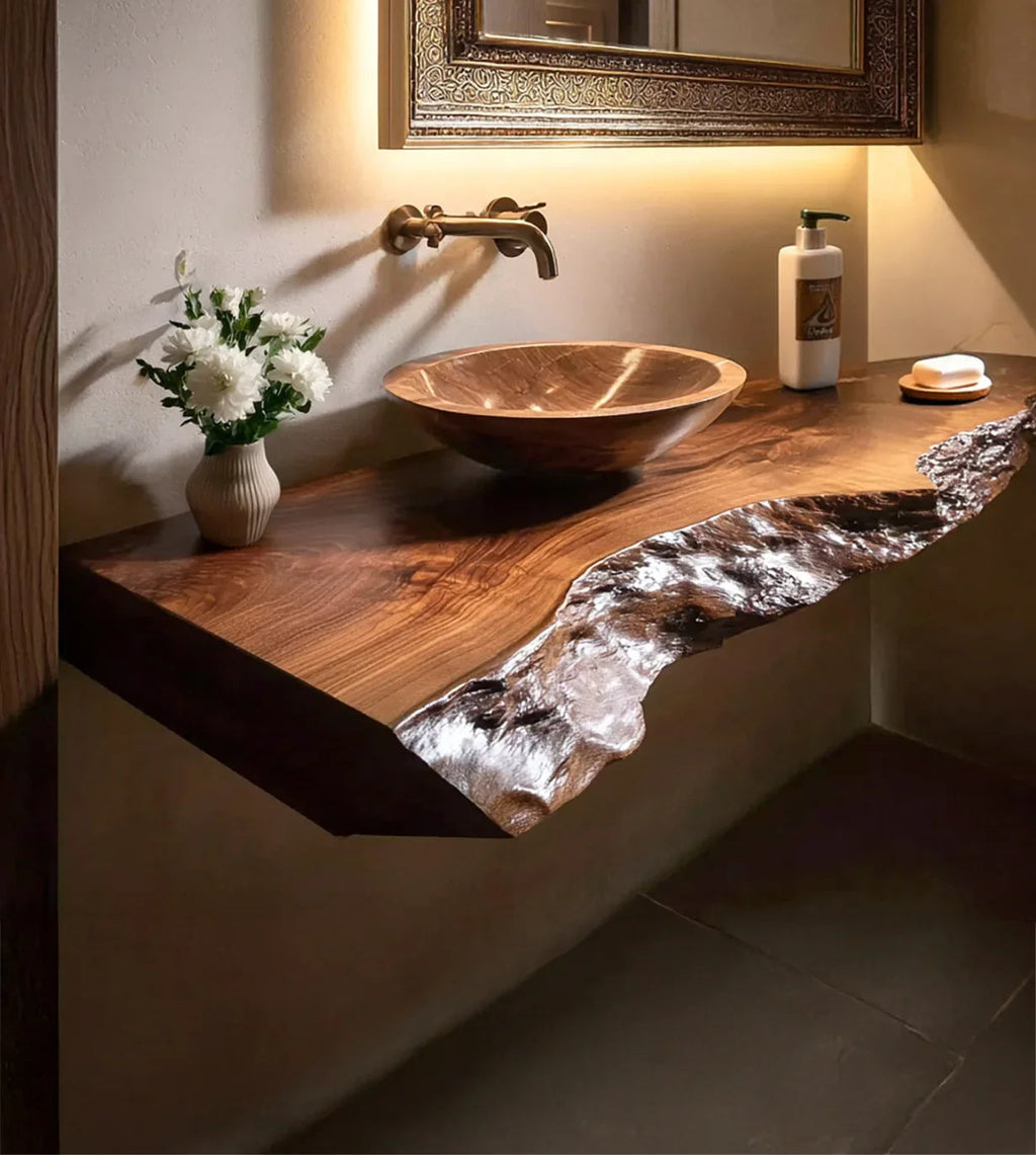 Handcrafted Solid Wood Floating Bathroom Vanity With Live Edge River Inlay