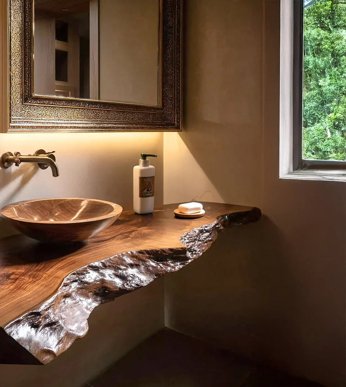 Handcrafted Solid Wood Floating Bathroom Vanity With Live Edge River Inlay