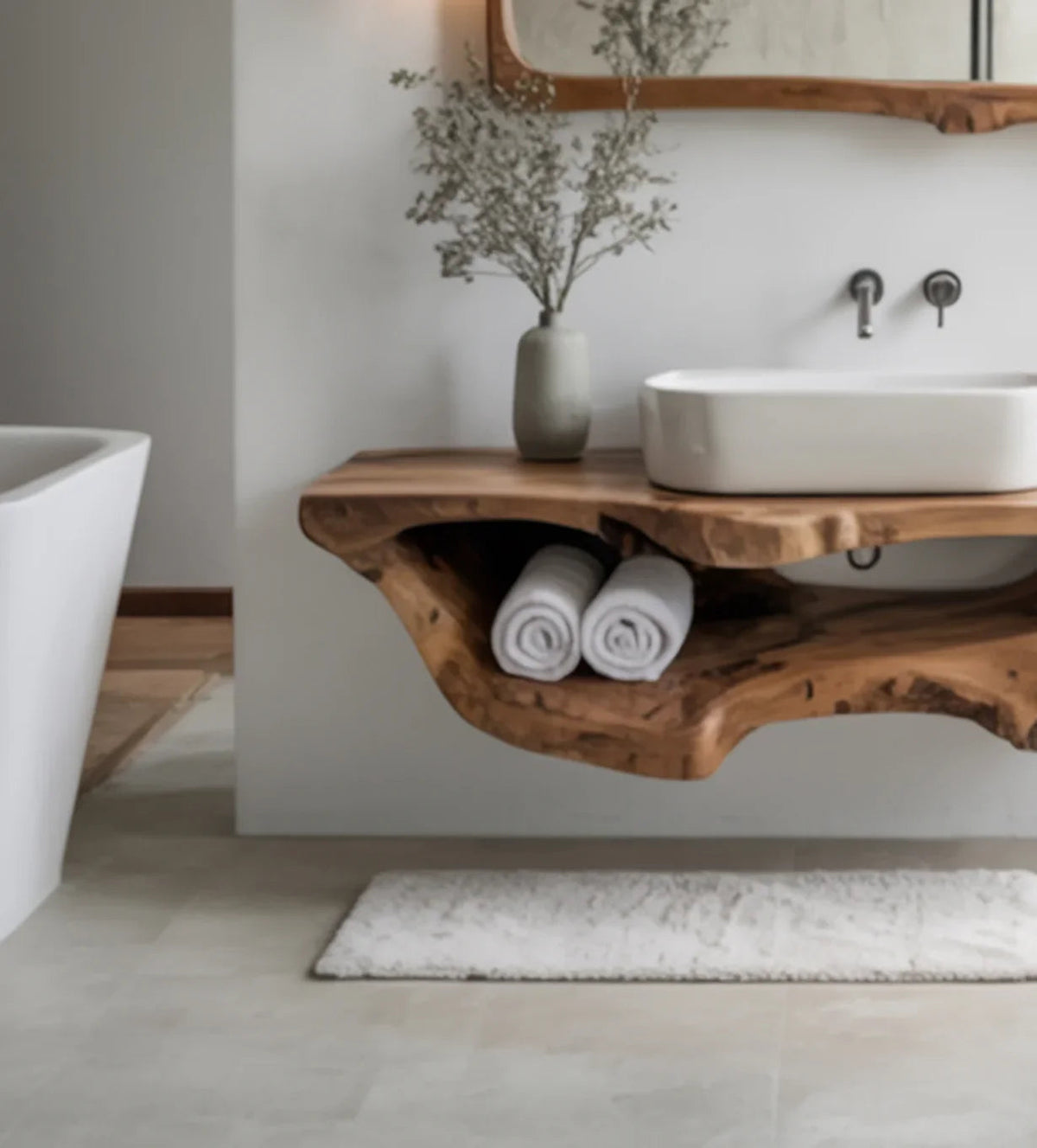 Solid Wood Live Edge Floating Bathroom Vanity With Organic River Edge