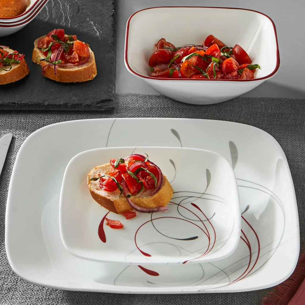 12-Piece Square Dinnerware Set - Red And Gray