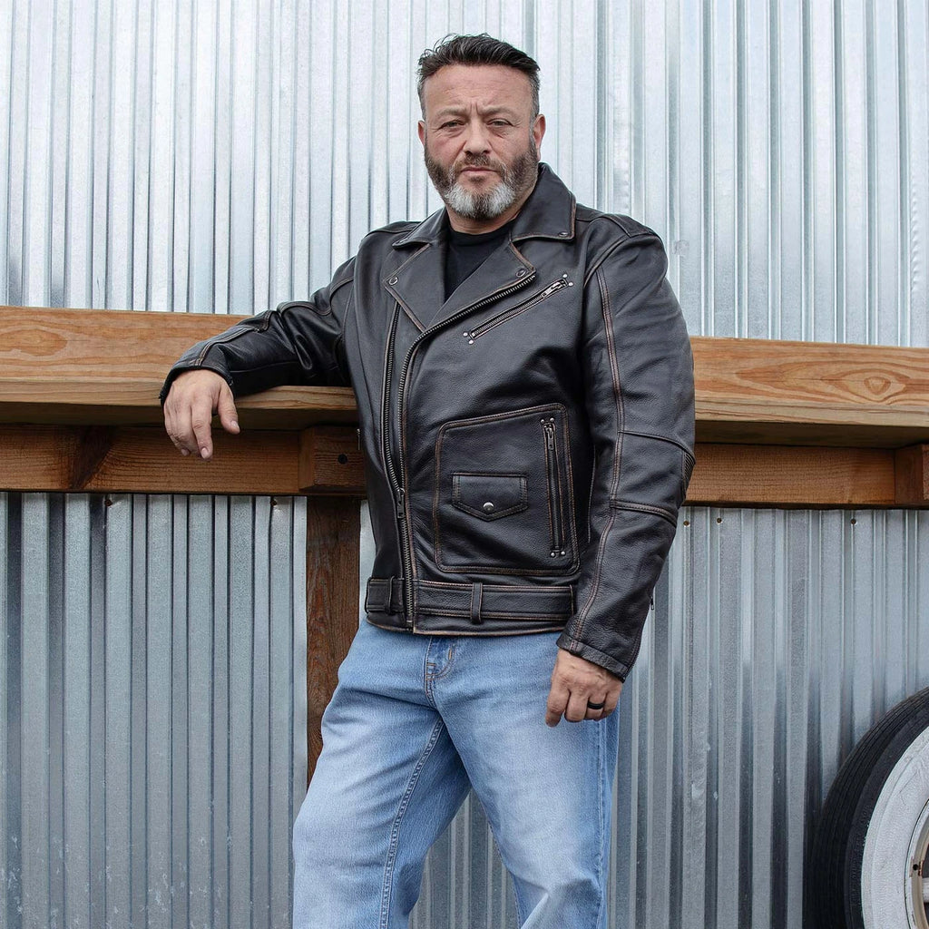 Men's Lapel Collar Leather Motorcycle Jacket - Brown
