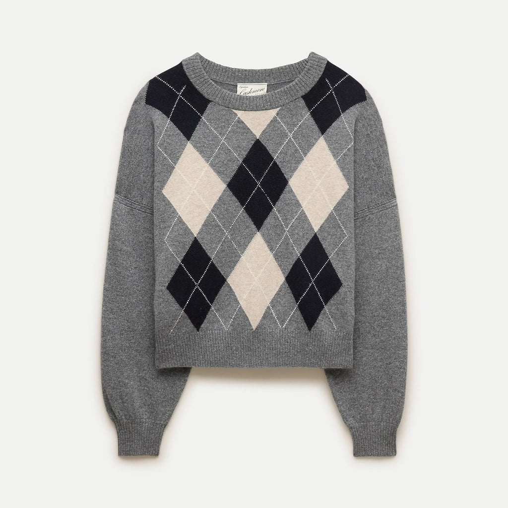 Cashmere Blouson-Sleeve Argyle Sweater