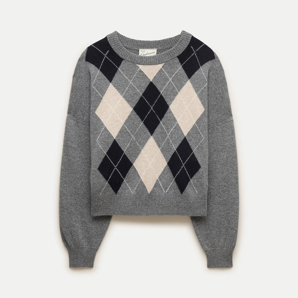 Cashmere Blouson-Sleeve Argyle Sweater