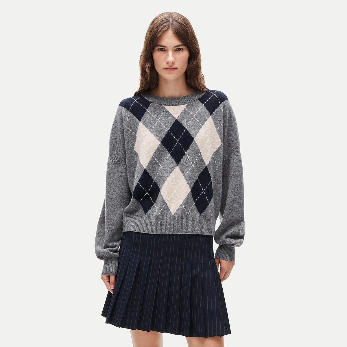 Cashmere Blouson-Sleeve Argyle Sweater