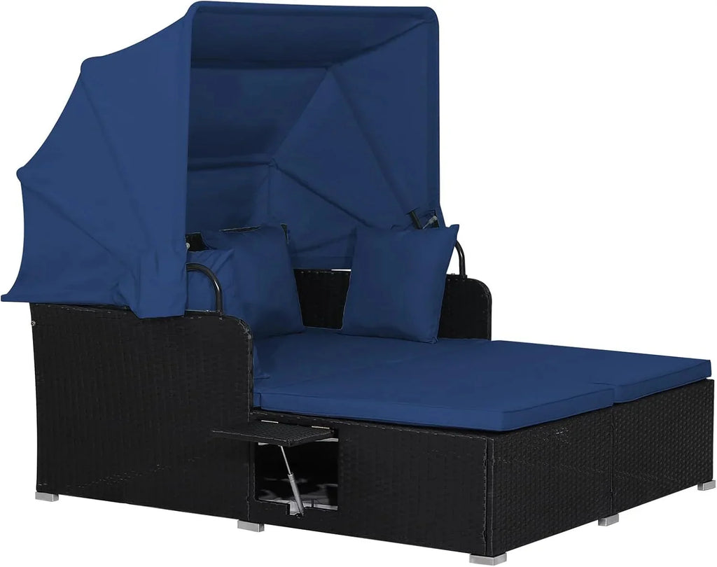 RELAX4LIFE Patio Daybed With Canopy, Cushions, 4 Pillows And 2 Side Trays, Turquoise - B0BYSN7GC7