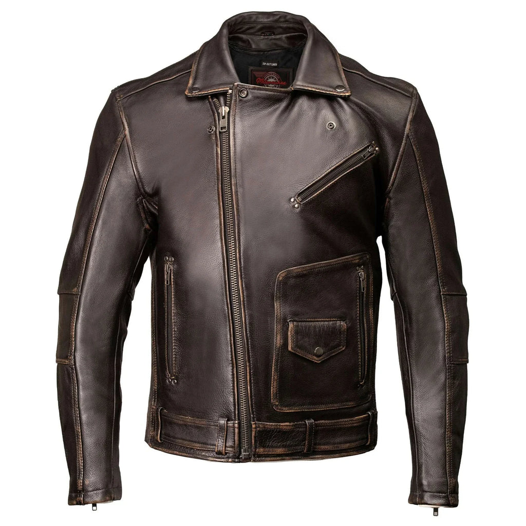 Men's Lapel Collar Leather Motorcycle Jacket - Brown
