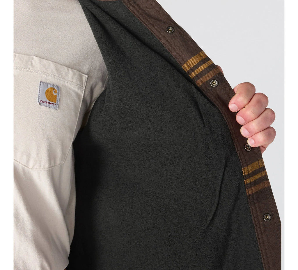 Men's Hooded Fleece-Lined Plaid Shirt Jacket - Brown
