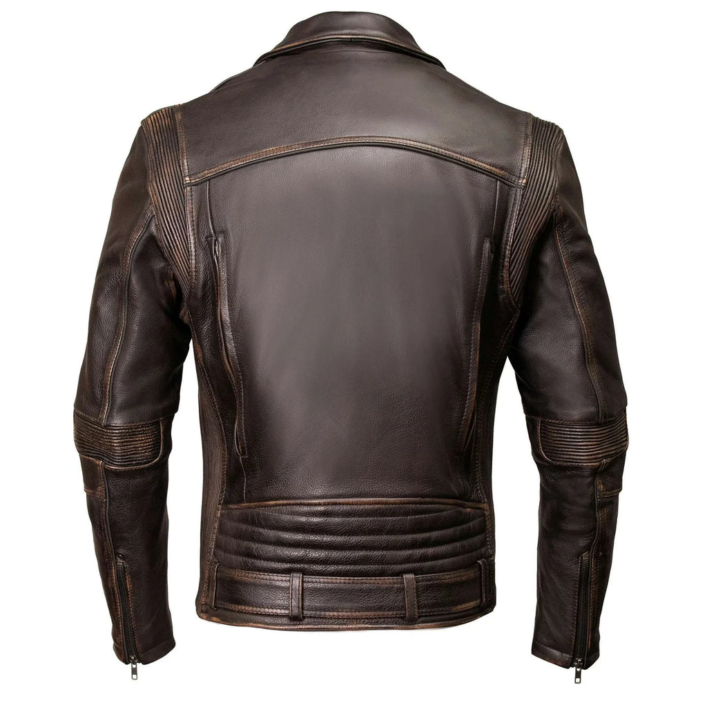 Men's Lapel Collar Leather Motorcycle Jacket - Brown