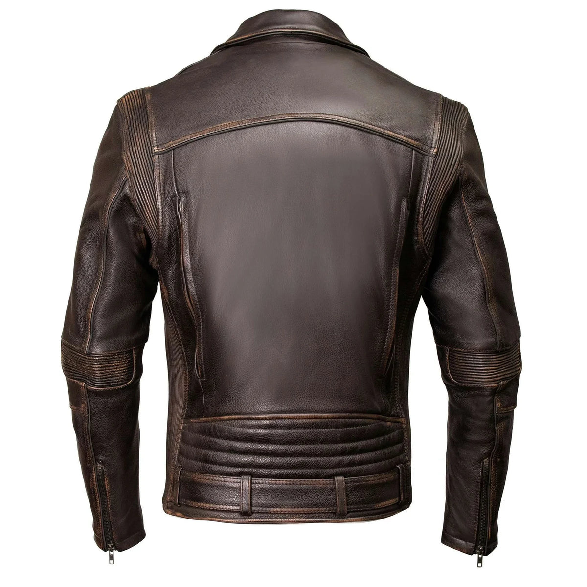 Men's Lapel Collar Leather Motorcycle Jacket - Brown