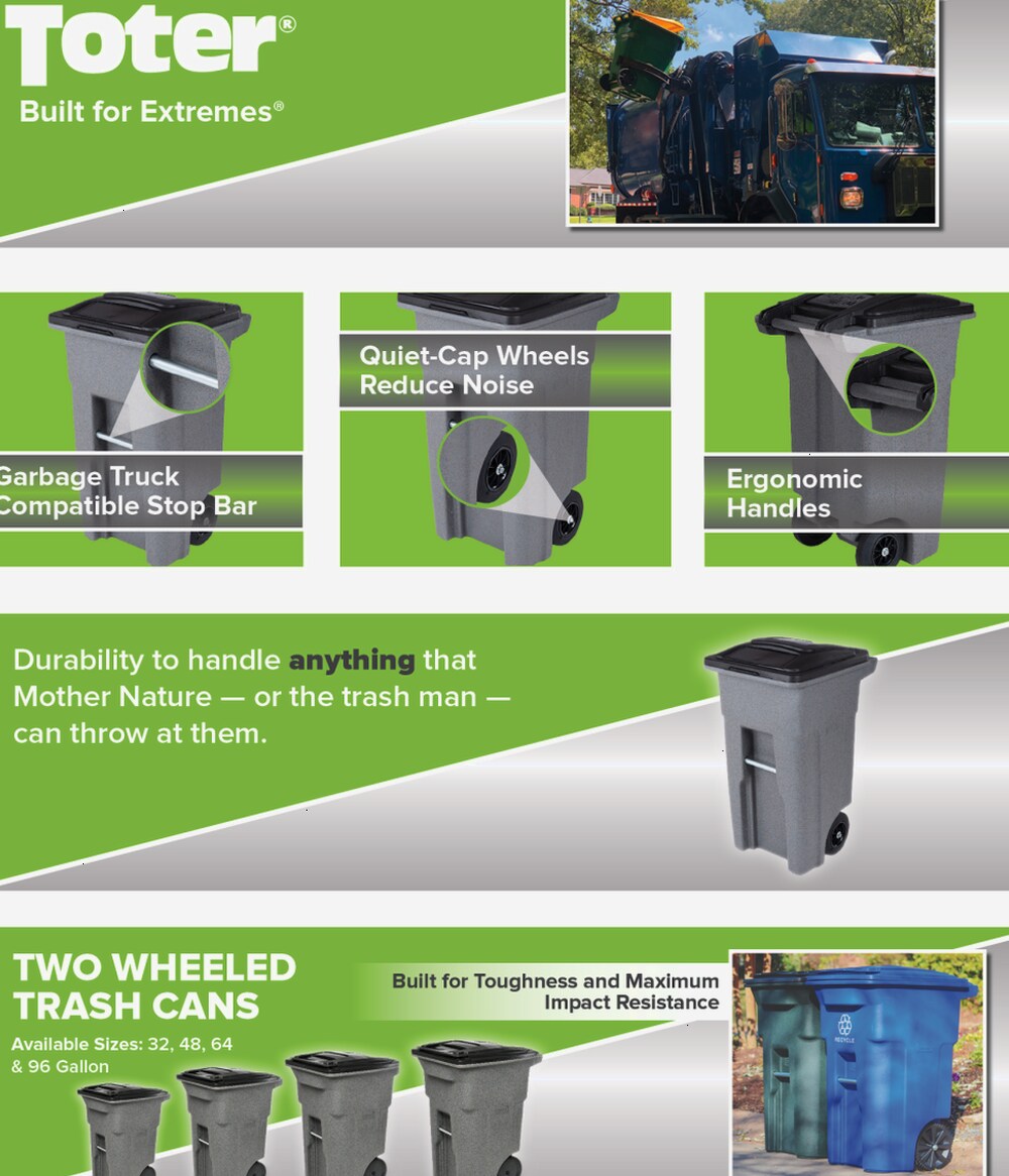 Toter 32 Gallon Greenstone Trash Can With Quiet Wheels And Attached Lid, 24.25 in D x 19.75 in W x 37.5 in H - ANA32-55410