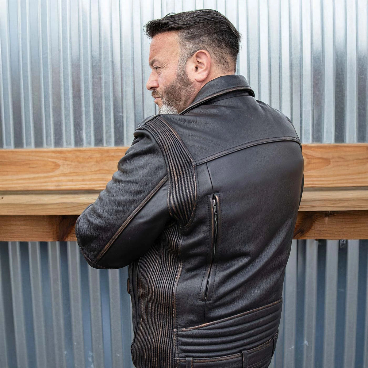 Men's Lapel Collar Leather Motorcycle Jacket - Brown