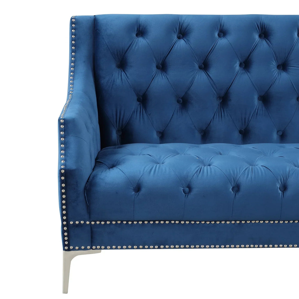 78 inch Dutch Plush Upholstered Chesterfield Sofa With Metal Legs, Button Tufted Back, Blue