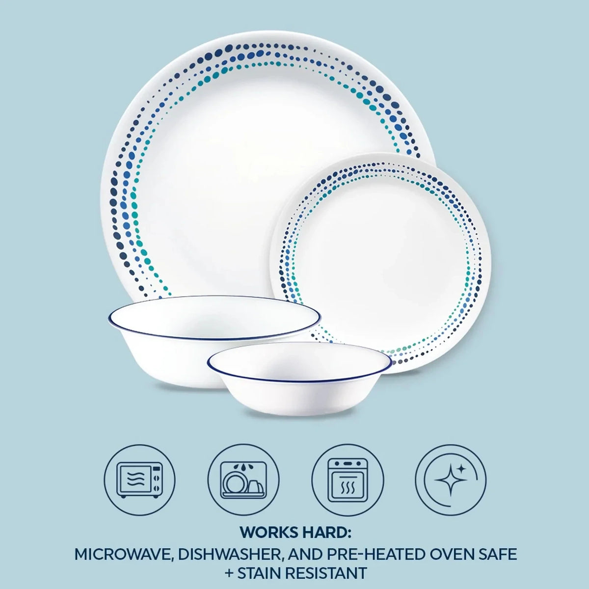 16-Piece Mugless Glass Dinnerware Set - Blue Dots