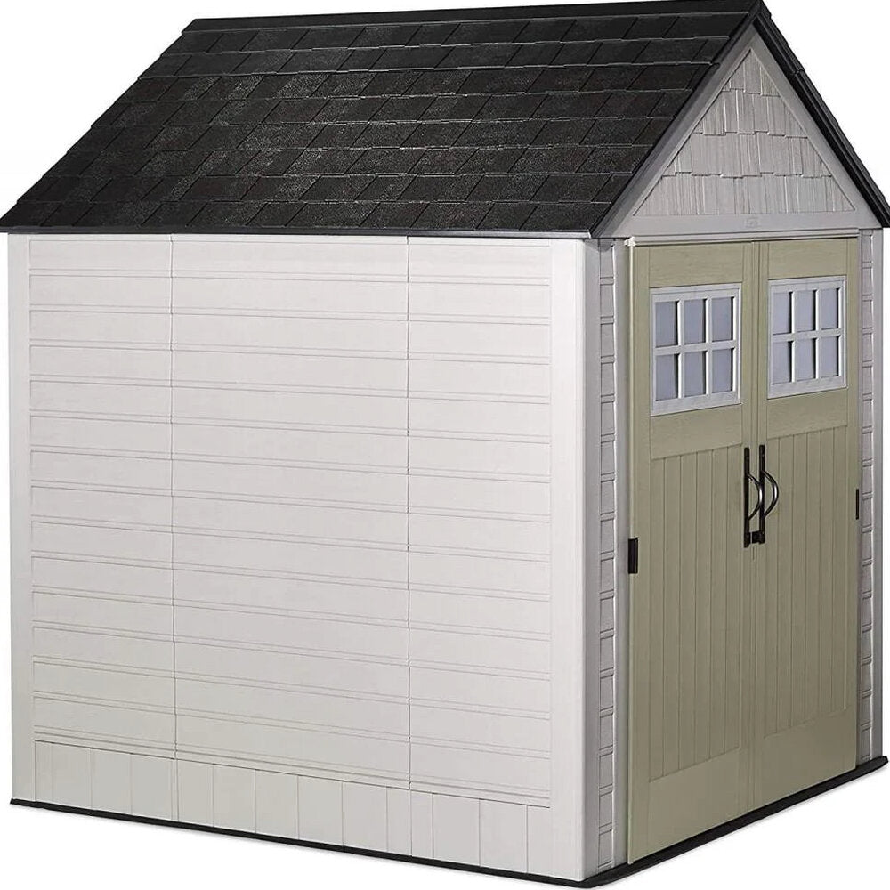 Rubbermaid Resin Outdoor Garden Storage Shed With Windows And Utility Hooks, Sand - 7x7 Ft