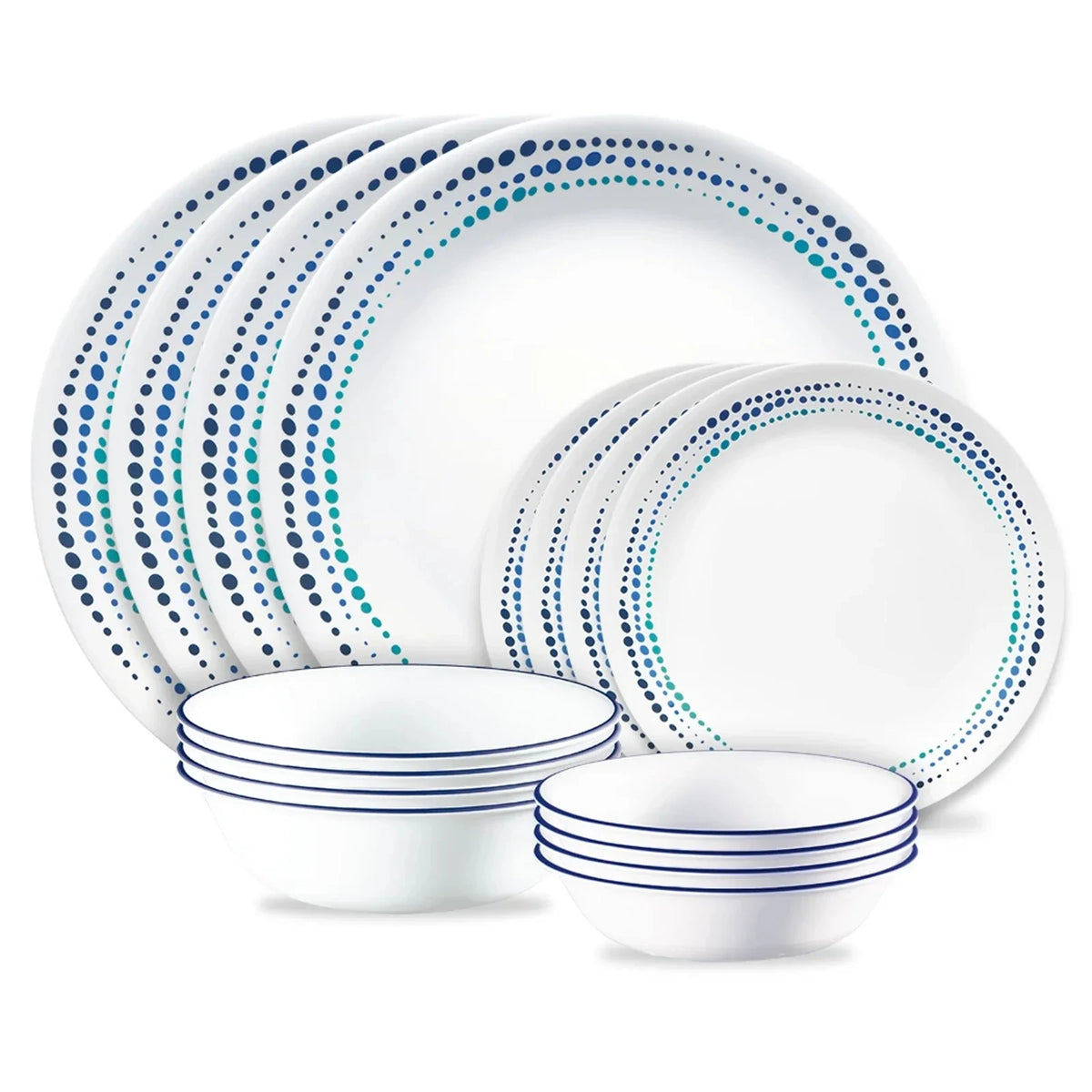 16-Piece Mugless Glass Dinnerware Set - Blue Dots