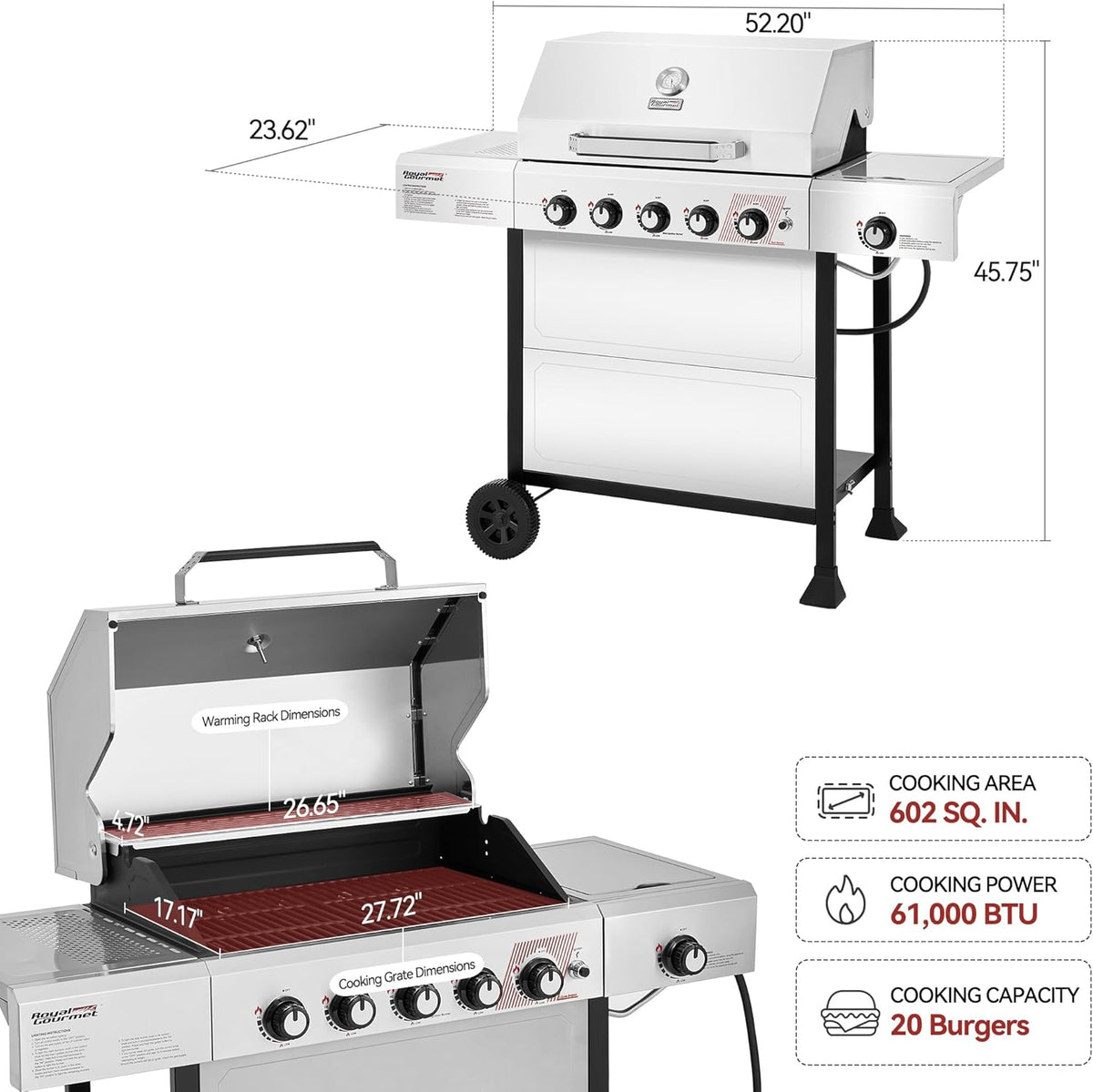 Royal Gourmet 5-Burner Liquid Propane Gas Grill With Side Burner, 602 Sq. In., 61 000 BTU - GA5401T