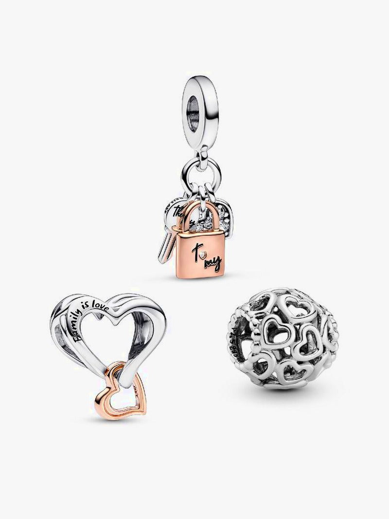 Two-Tone Lock Key And Heart Charm Set
