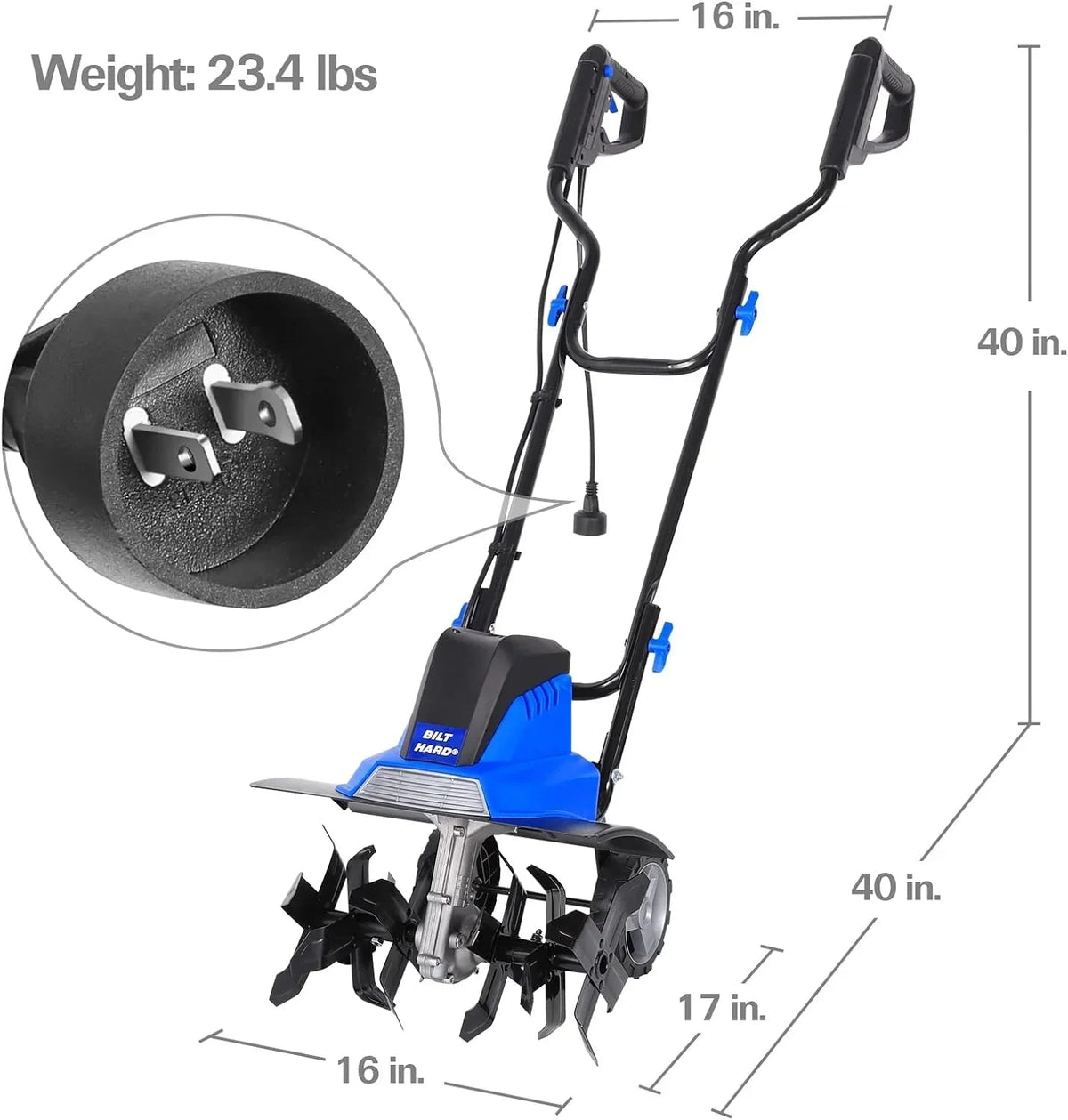 BILT HARD Electric Garden Tiller Cultivator 16 inch 13.5 Amp 6 Steel Tines