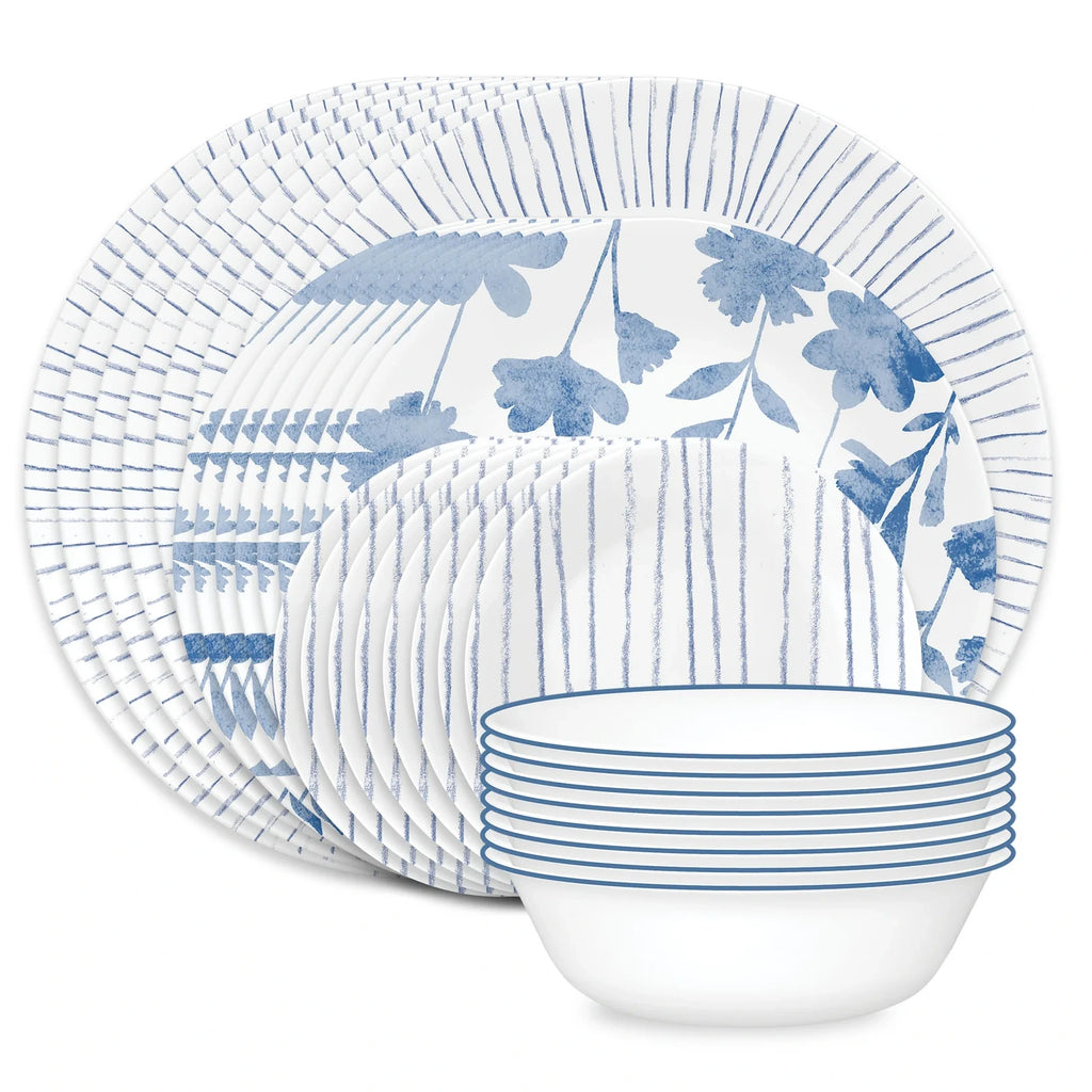 32-Piece Glass Dinnerware Set - Blue Floral Stripe