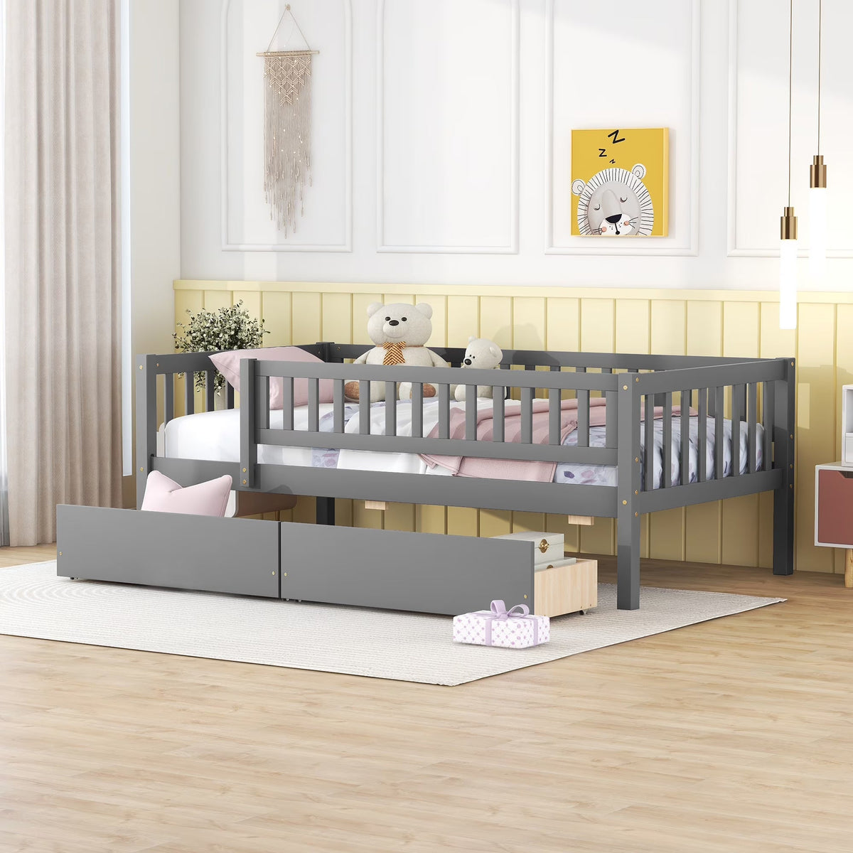 Holaki Twin Size Wood Kids' Bed With Guardrails And 2 Storage Drawers, Gray