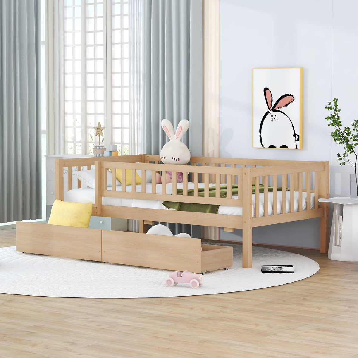 Holaki Twin Size Wood Kids' Bed With Guardrails And 2 Storage Drawers, Gray
