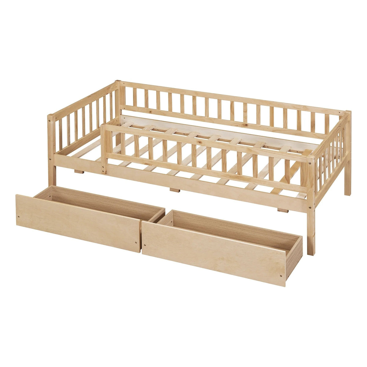Holaki Twin Size Wood Kids' Bed With Guardrails And 2 Storage Drawers, Gray