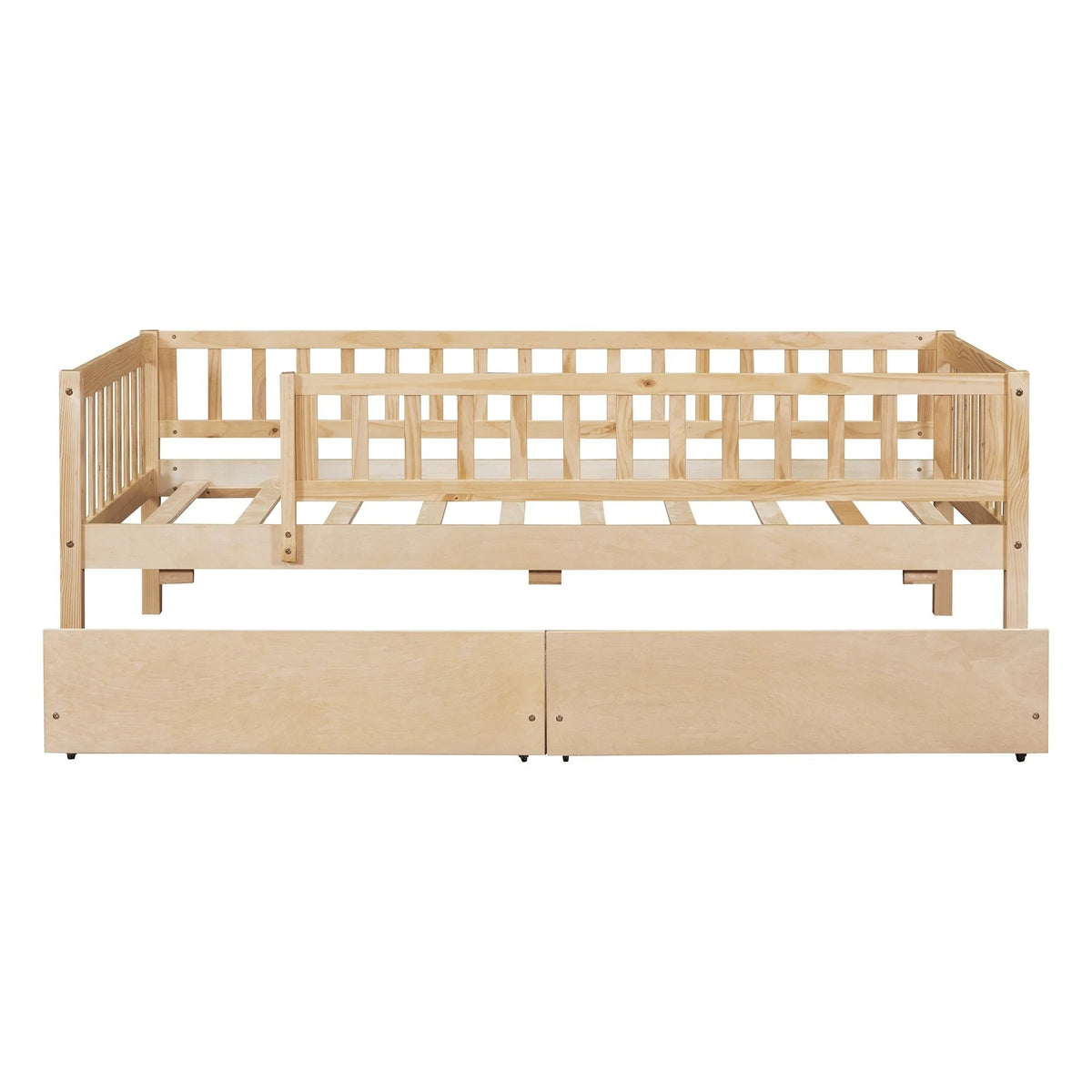 Holaki Twin Size Wood Kids' Bed With Guardrails And 2 Storage Drawers, Gray