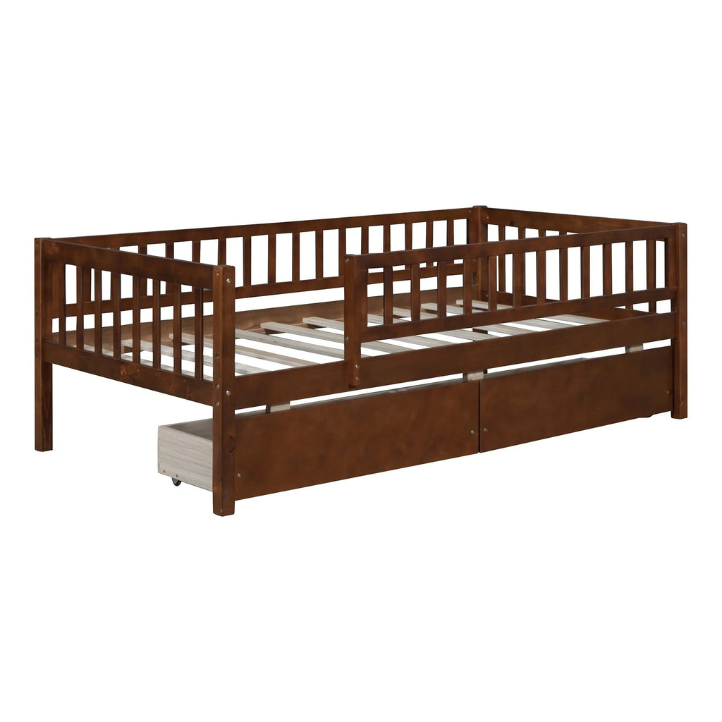 Holaki Twin Size Wood Kids' Bed With Guardrails And 2 Storage Drawers, Gray