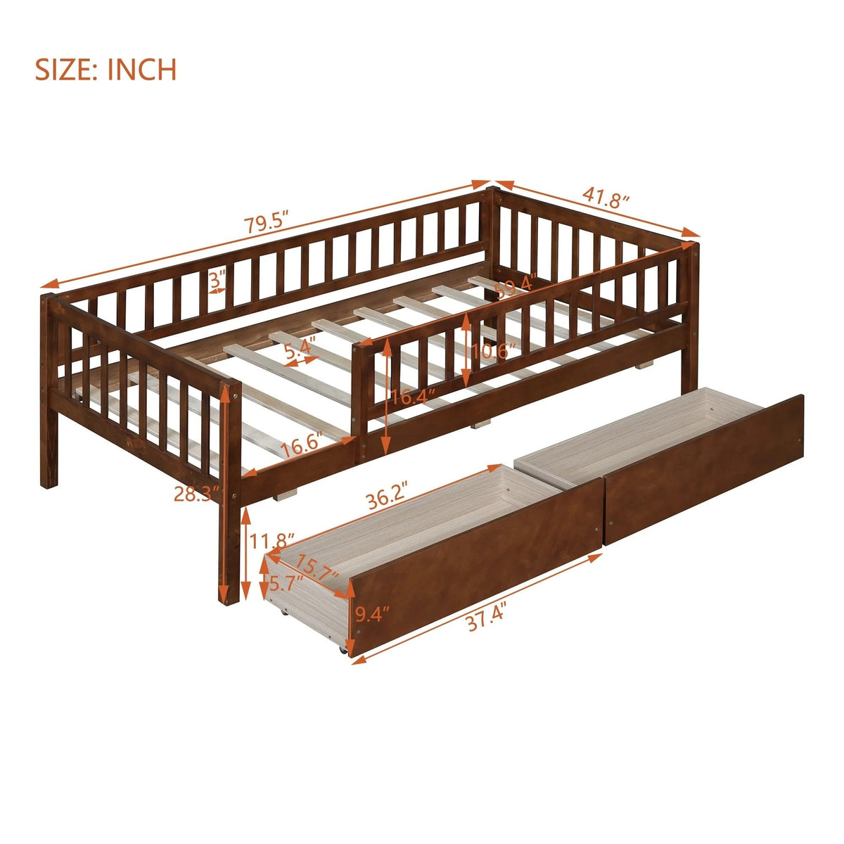 Holaki Twin Size Wood Kids' Bed With Guardrails And 2 Storage Drawers, Gray