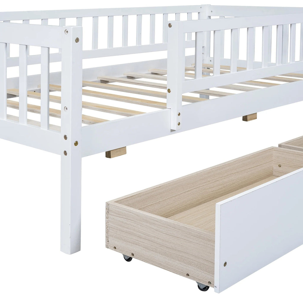 Holaki Twin Size Wood Kids' Bed With Guardrails And 2 Storage Drawers, Gray
