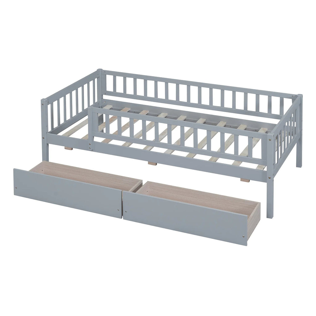 Holaki Twin Size Wood Kids' Bed With Guardrails And 2 Storage Drawers, Gray