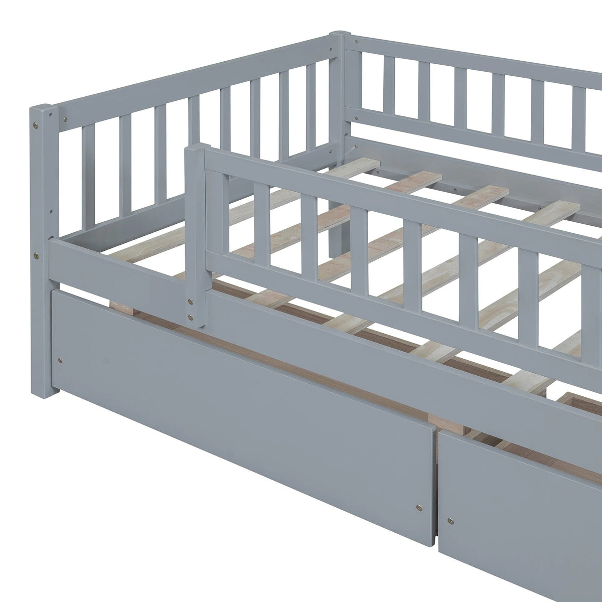 Holaki Twin Size Wood Kids' Bed With Guardrails And 2 Storage Drawers, Gray