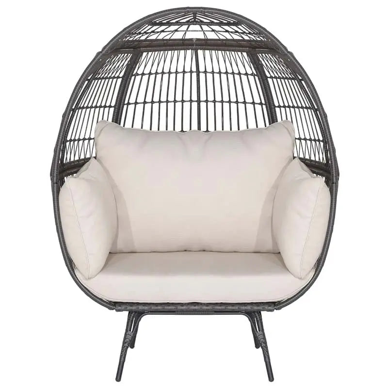 Oversized Wicker Egg Lounge Chair With Four Cushions - Steel-Framed Indoor/Outdoor Basket Seating