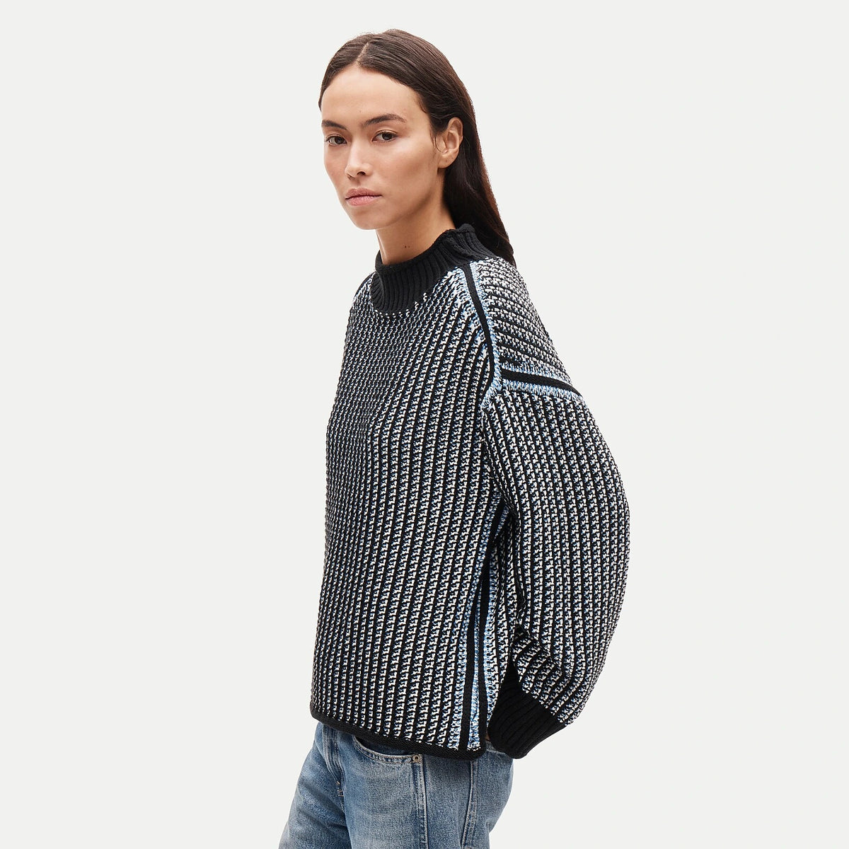 Reversible Cotton Tweed-Stitch Sweater - Blue
