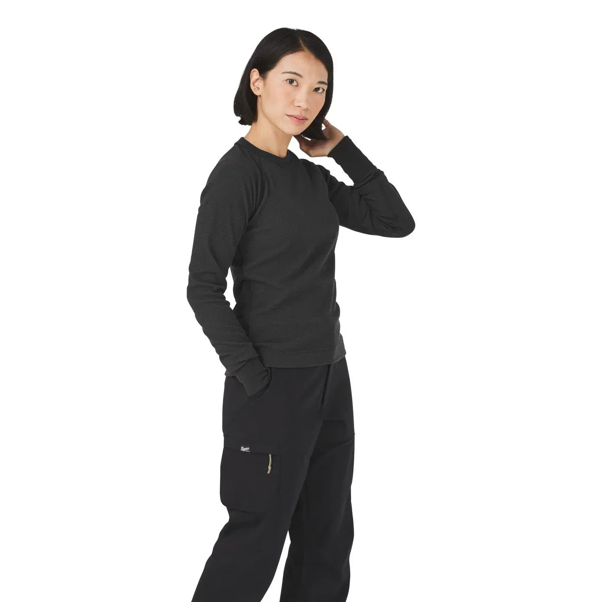 Waffle Knit Long Sleeve Thermal Shirt - Black