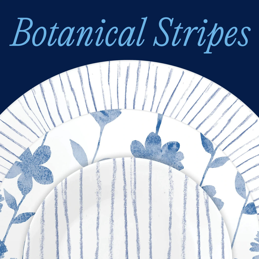 32-Piece Glass Dinnerware Set - Blue Floral Stripe