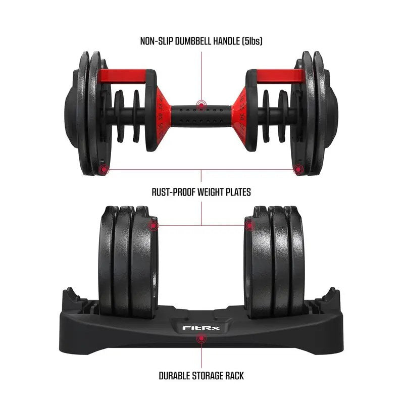 FitRx Smart Bell Quick Select Adjustable Dumbbell, 5-52.5 Lbs