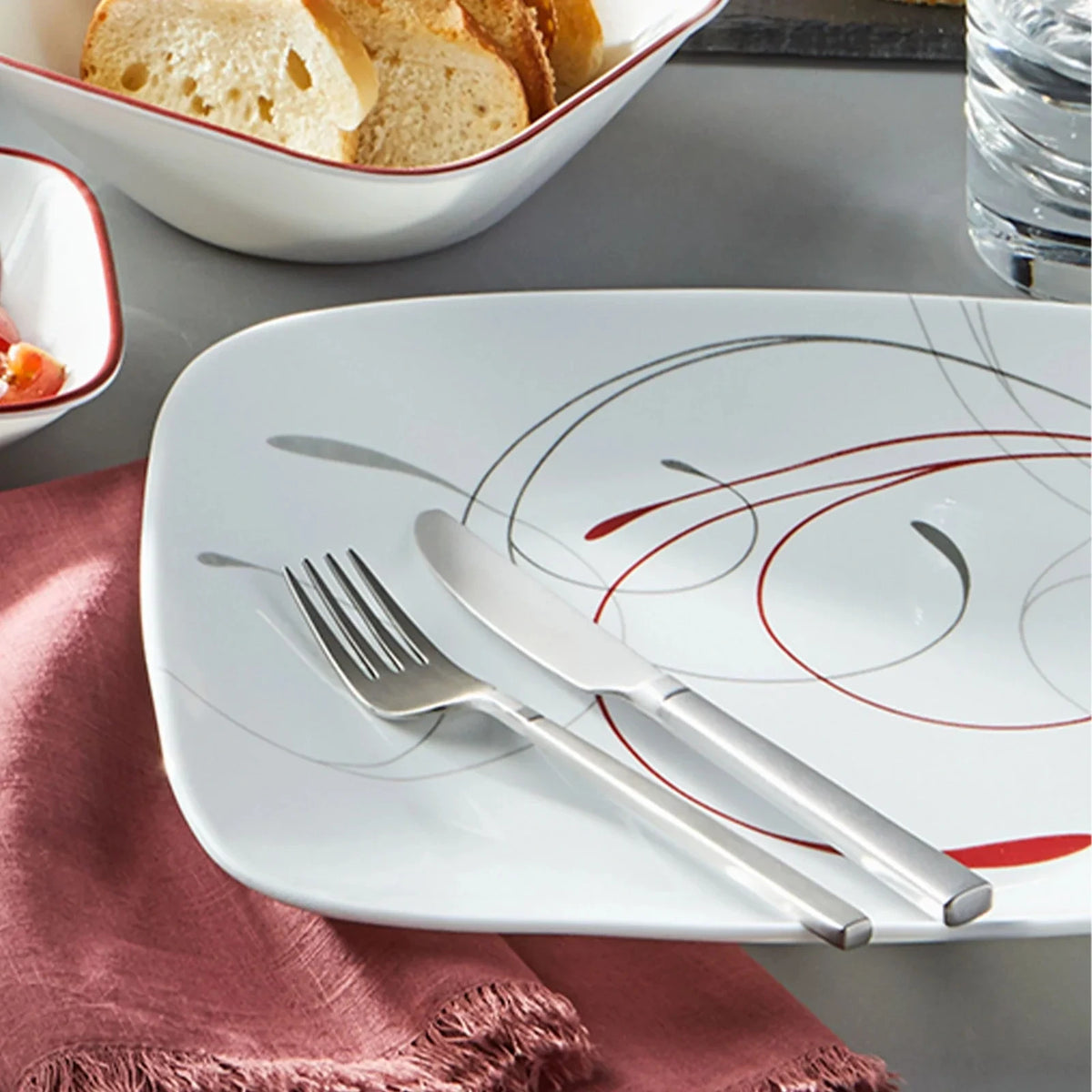 12-Piece Square Dinnerware Set - Red And Gray
