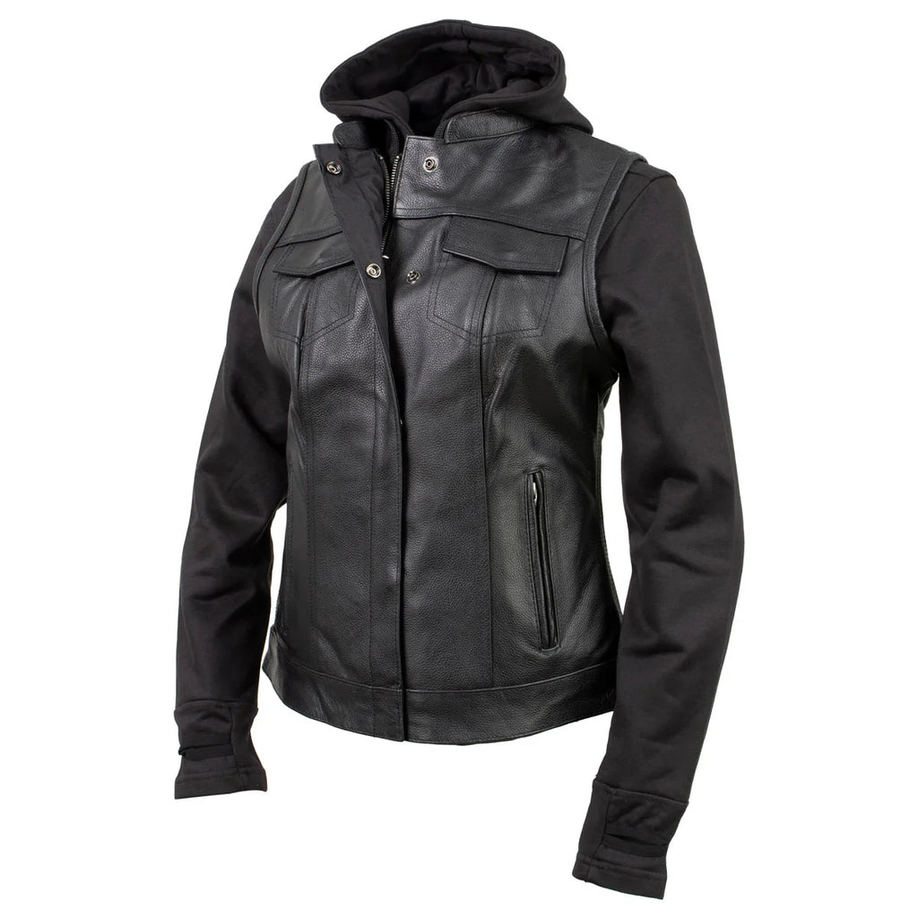 Women's Leather Convertible Hoodie Vest - Black