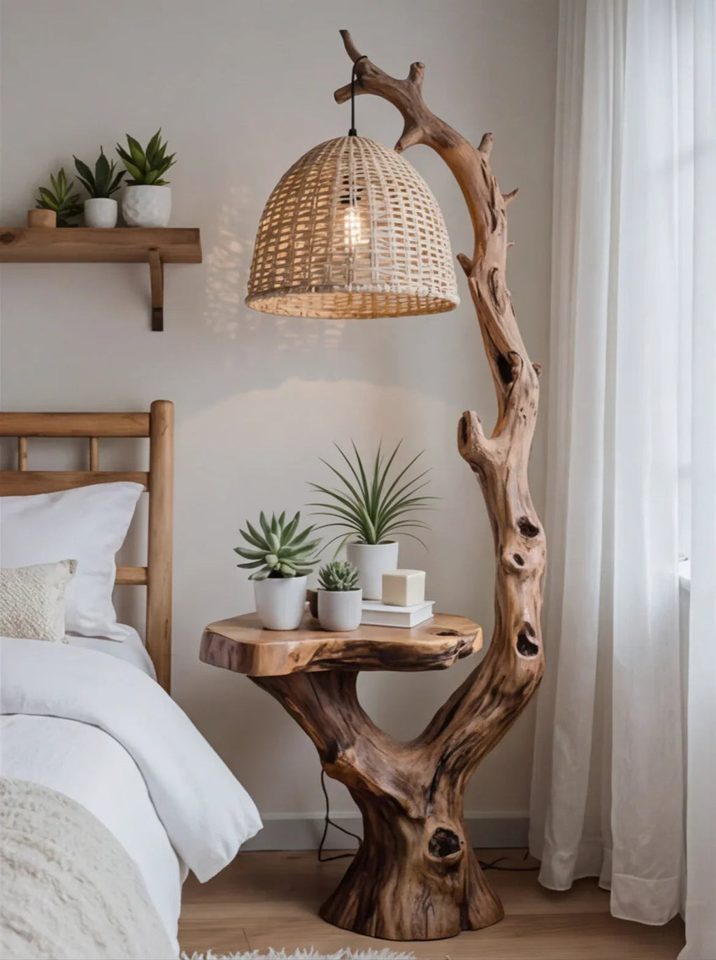 Rustic Driftwood Floor Lamp With Side Table
