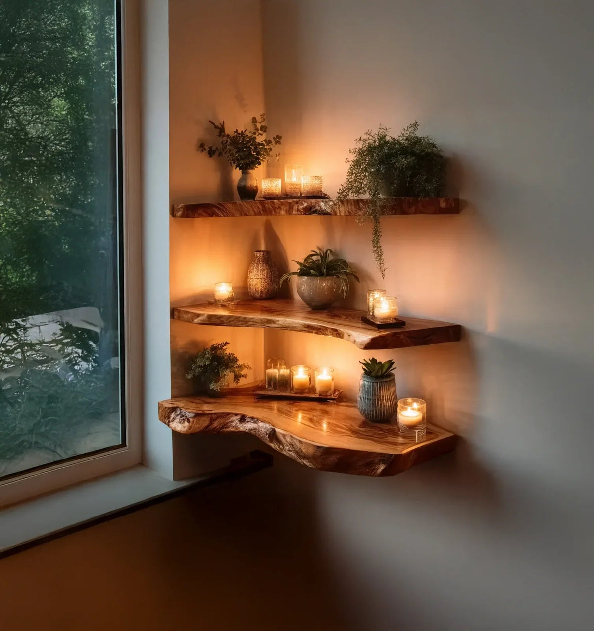 Rustic Live Edge Corner Floating Shelf
