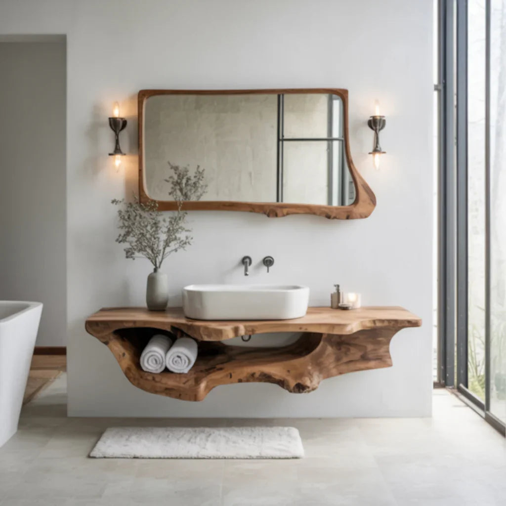 Solid Wood Live Edge Floating Bathroom Vanity With Organic River Edge
