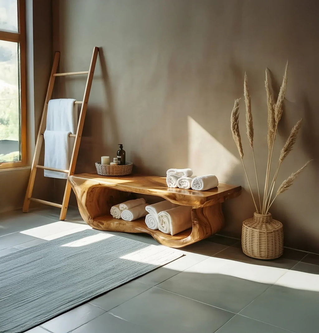 Handcrafted Solid Wood Bathroom Bench With Built-In Storage