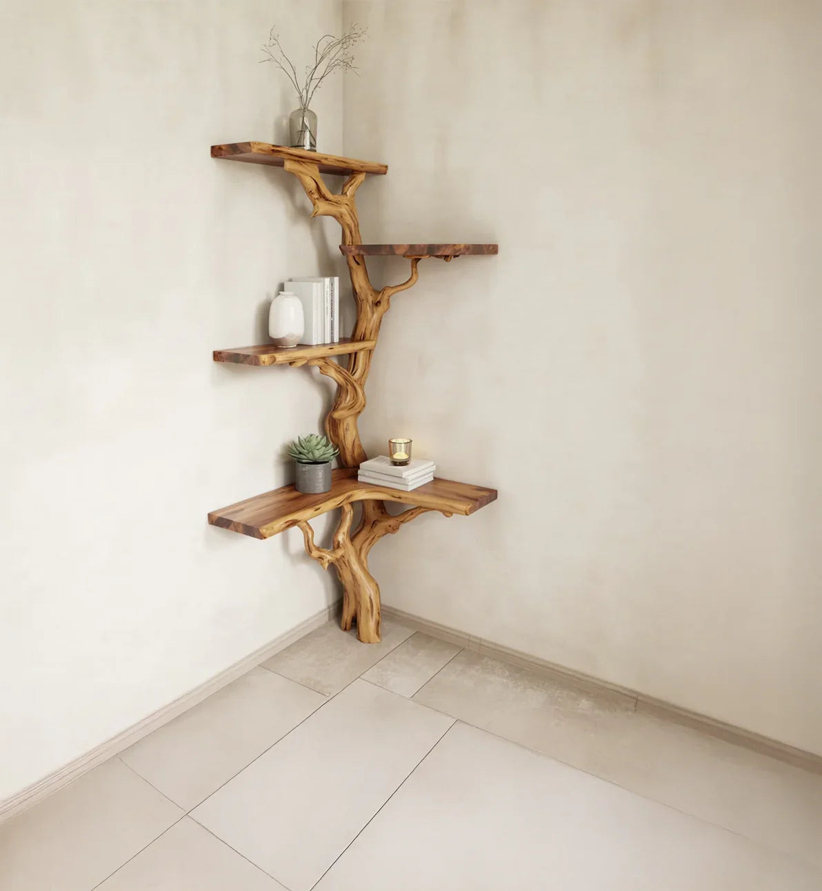 Handcrafted Tree Branch Corner Bookshelf