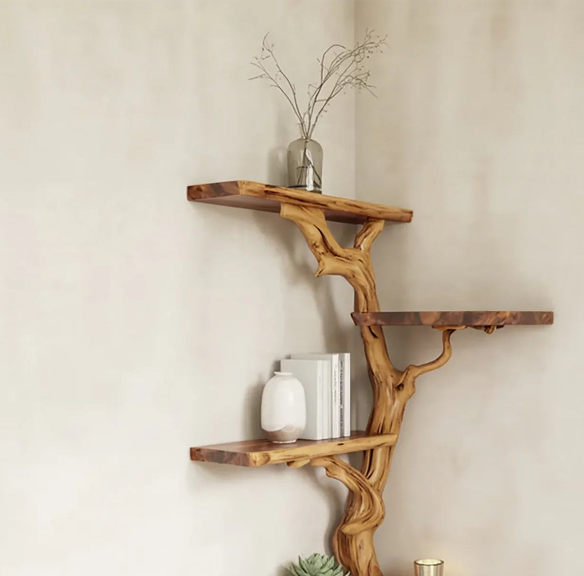 Handcrafted Tree Branch Corner Bookshelf