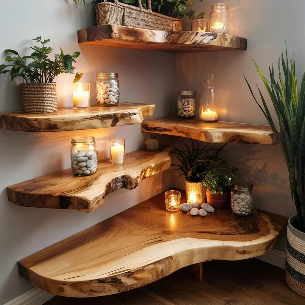 Live Edge Solid Wood Corner Floating Shelf