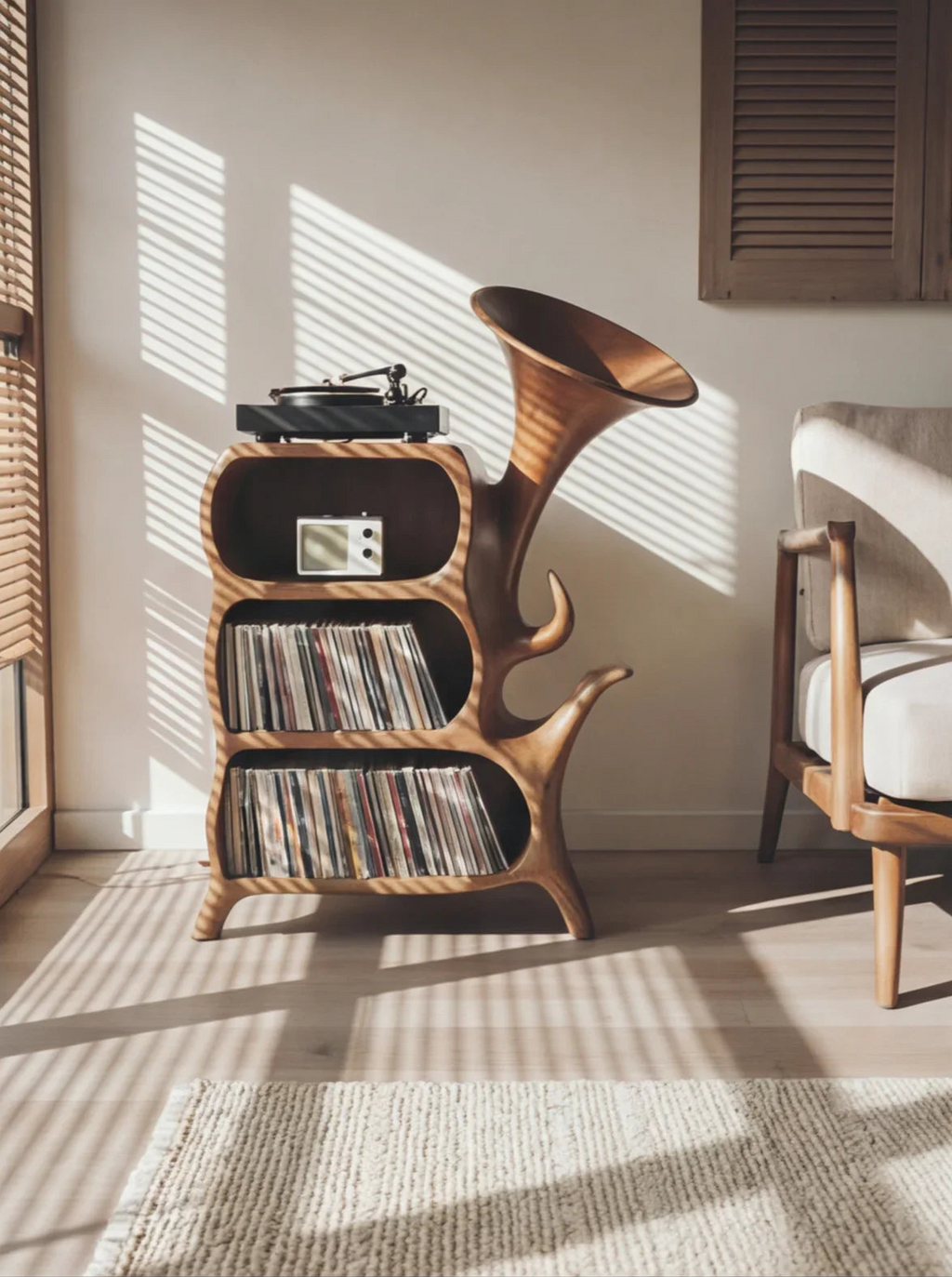 Organic Sculptural Solid Wood Vinyl Record Storage Cabinet With Integrated Turntable Stand