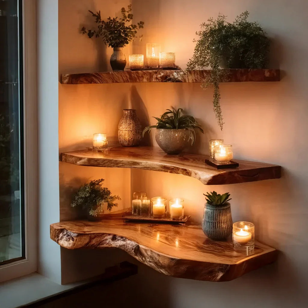Rustic Live Edge Corner Floating Shelf