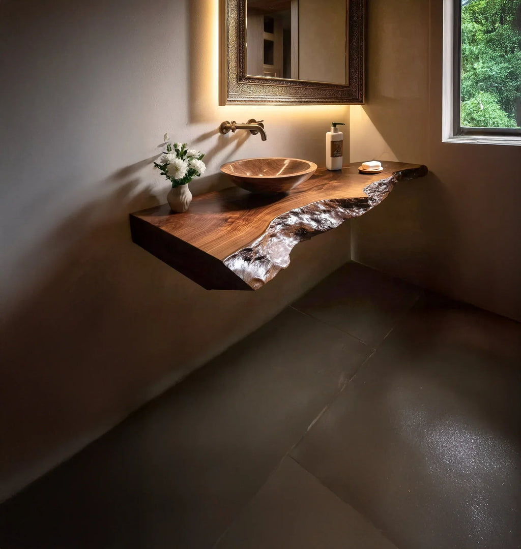 Handcrafted Solid Wood Floating Bathroom Vanity With Live Edge River Inlay